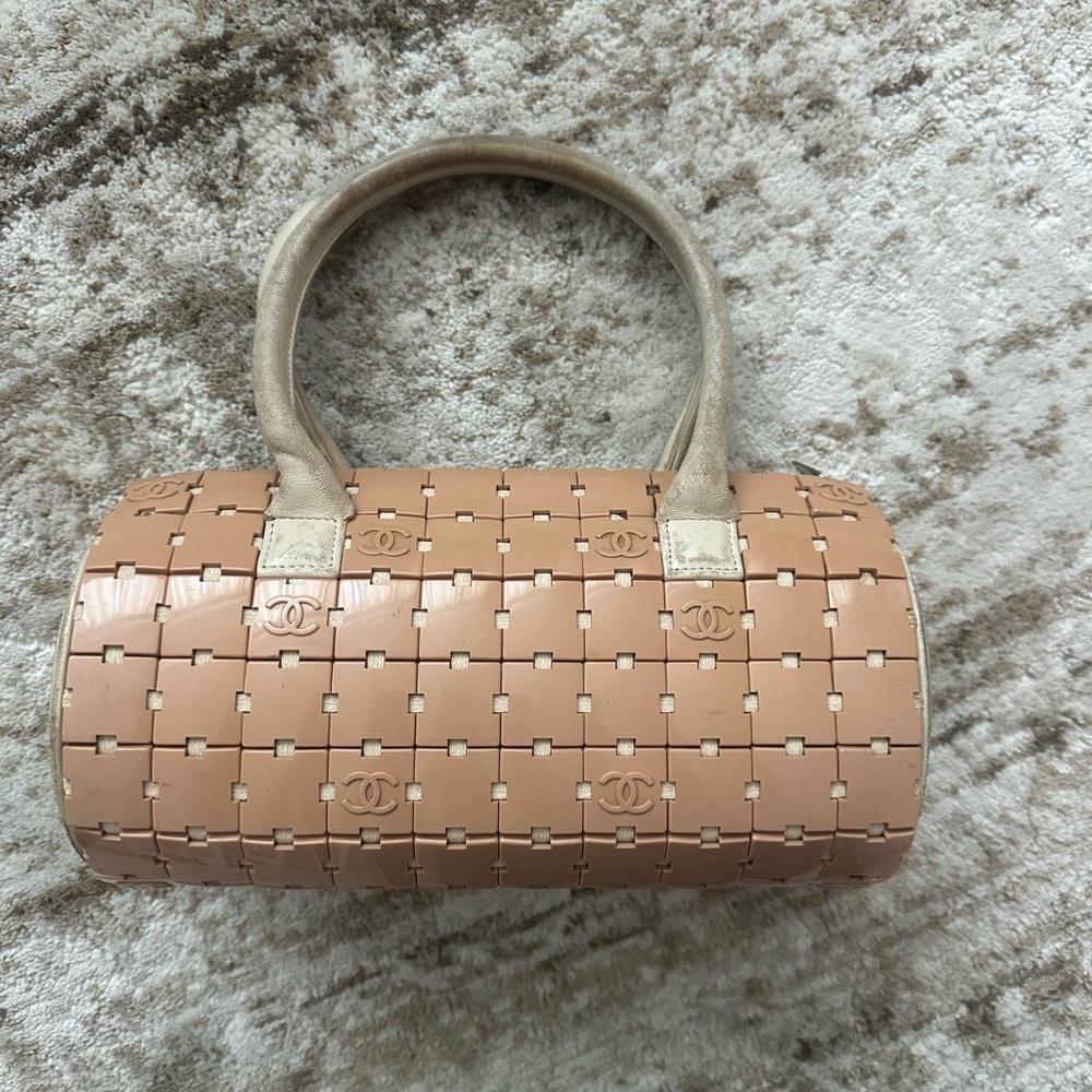 CHANEL Baby Pink Puzzle Bag Patent Woven Barrel Mini Bag